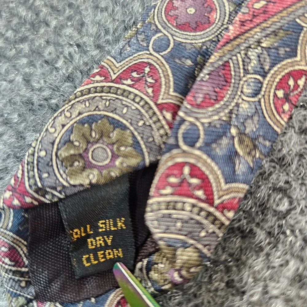 Mallory Church Silk Tie Made in USA Paisley Medallion Blue Red Gold Vintage Styl